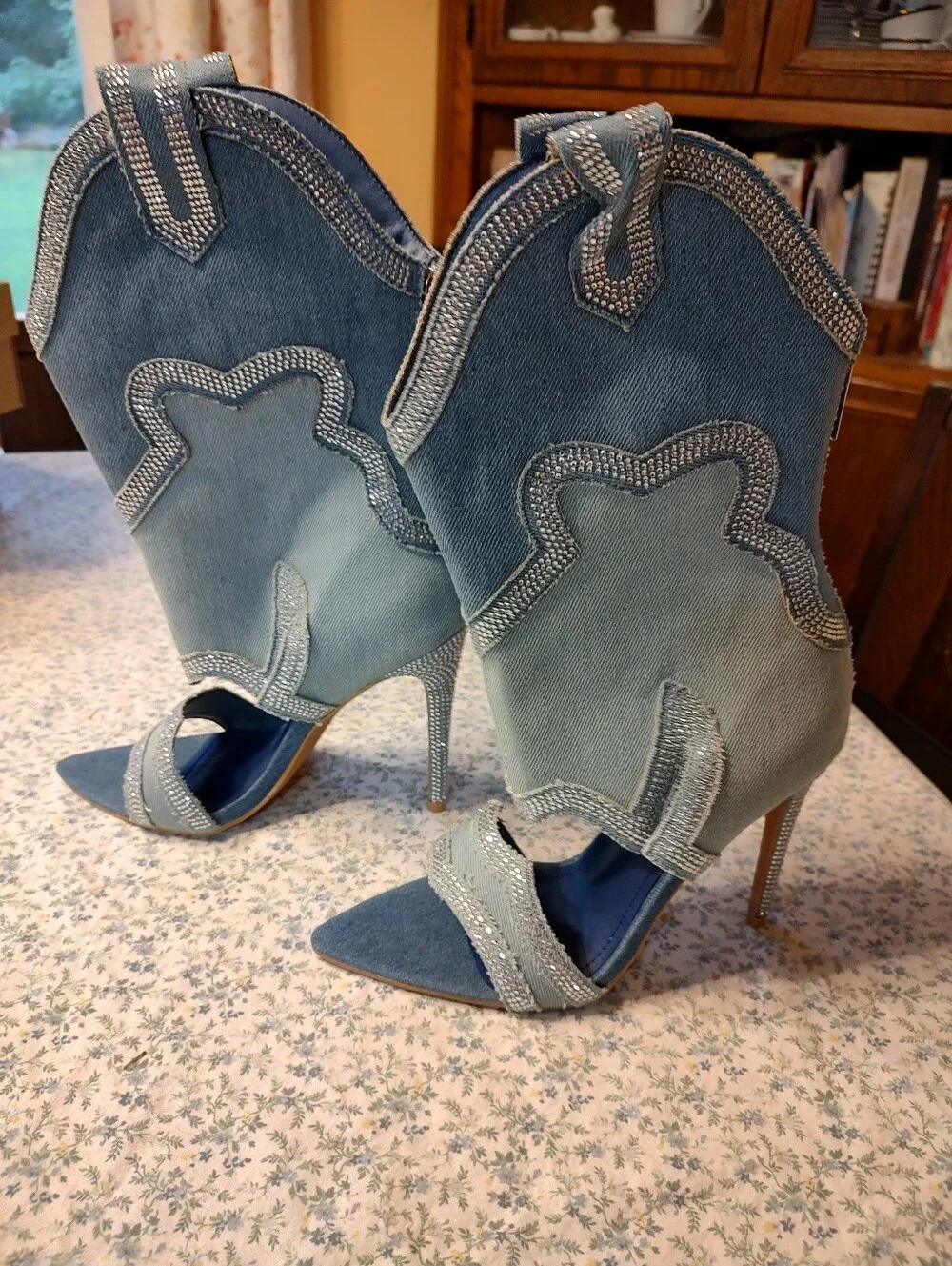 Cape Robbin Rhinestone Denim Western-Style Cut-Out Stiletto Heels - Blue 8.5